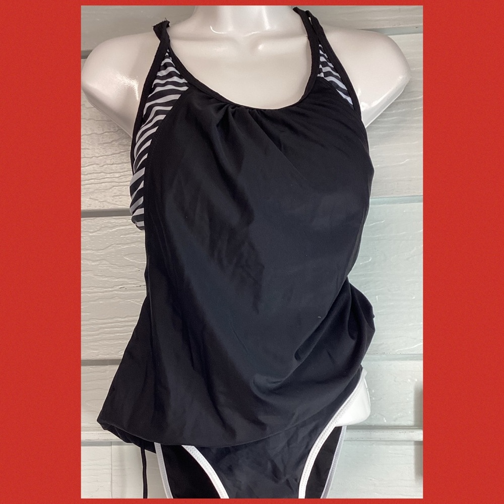 Black Tankini Swim Top with Zebra Trim.48
